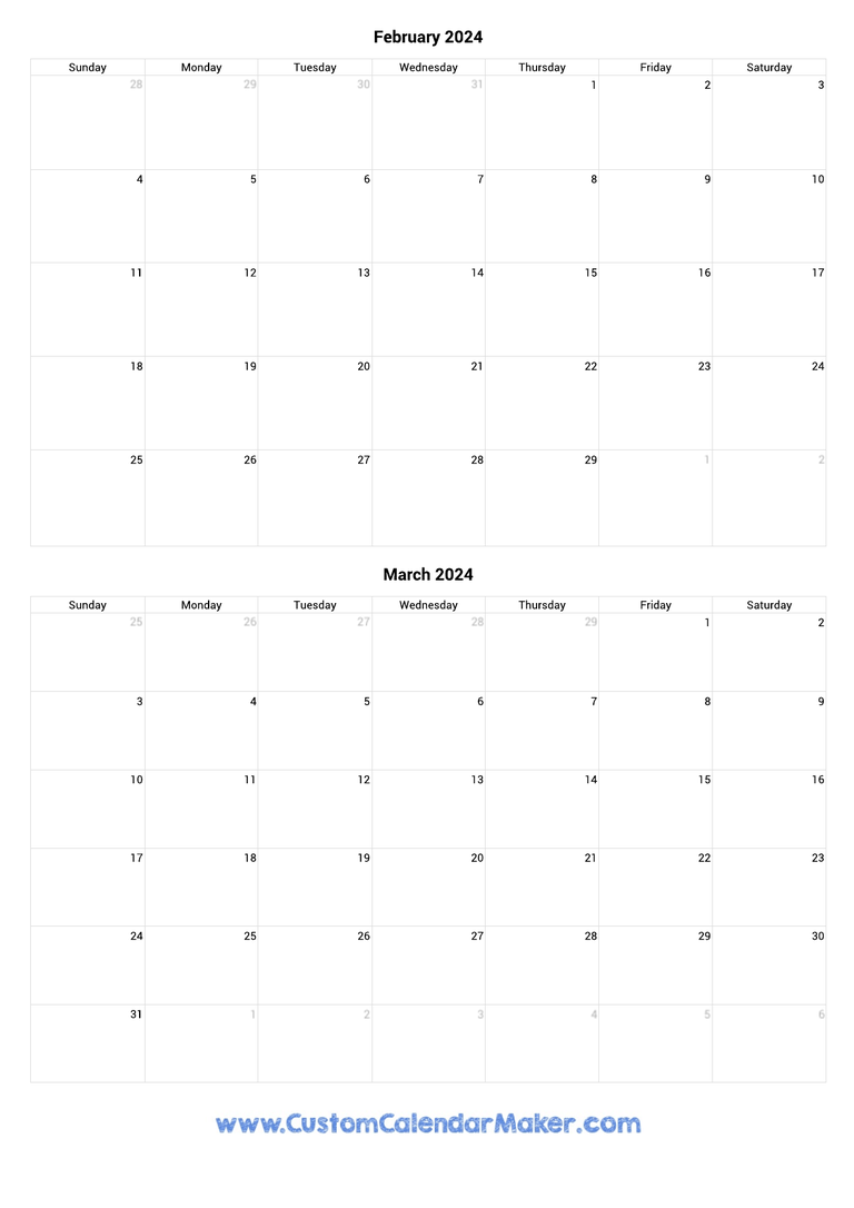 february and march 2024 portrait calendar