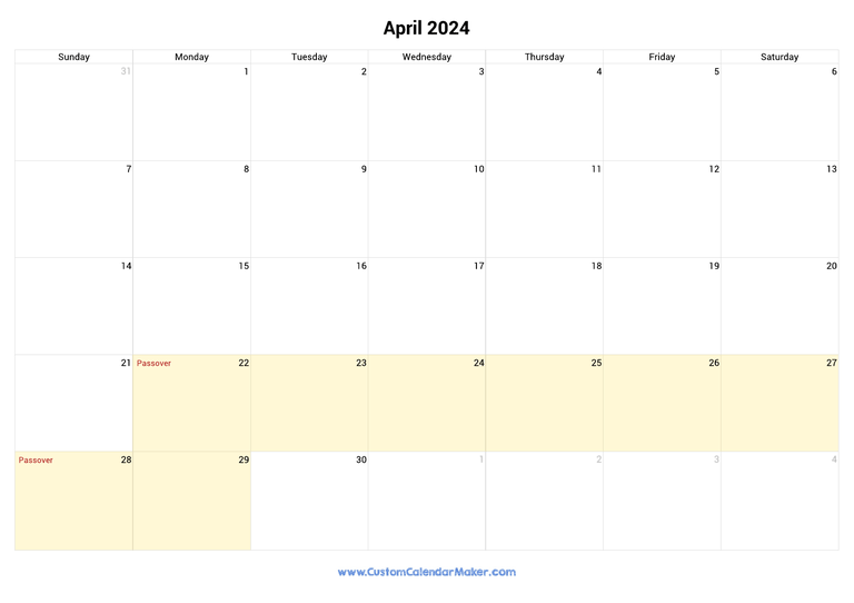 April 2024 Jewish Calendar with Holidays
