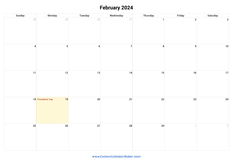 February calendar 2024 with US Federal Holidays