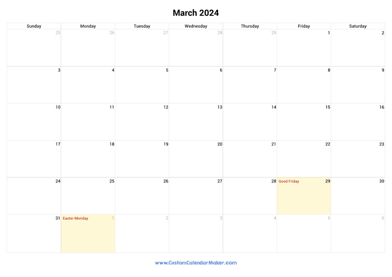 March calendar 2024 with Australian National Holidays