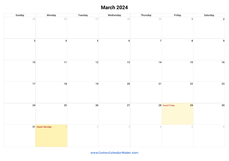 March calendar 2024 with Canadian Holidays