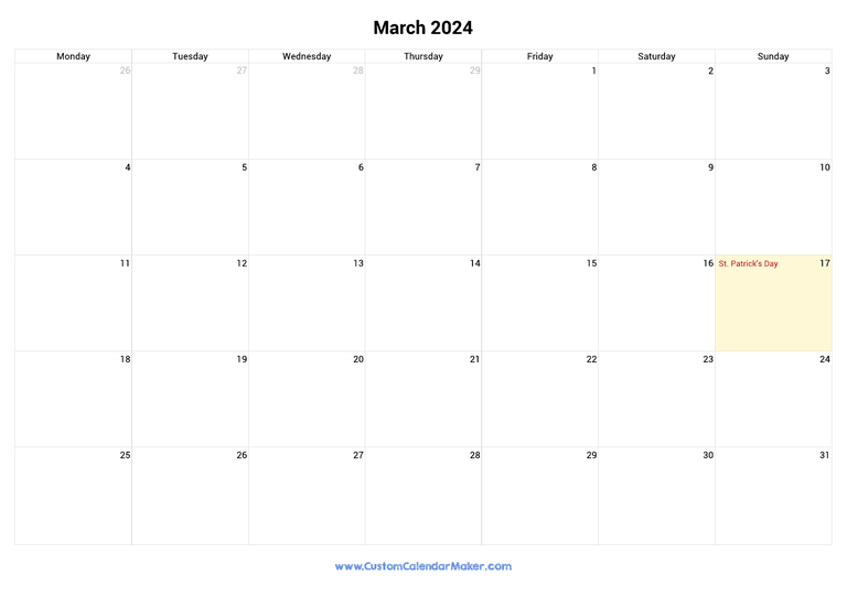 March calendar 2024 with Irish National Holidays