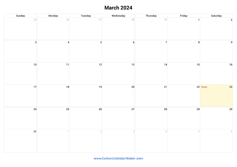 March 2024 Jewish Calendar with Holidays