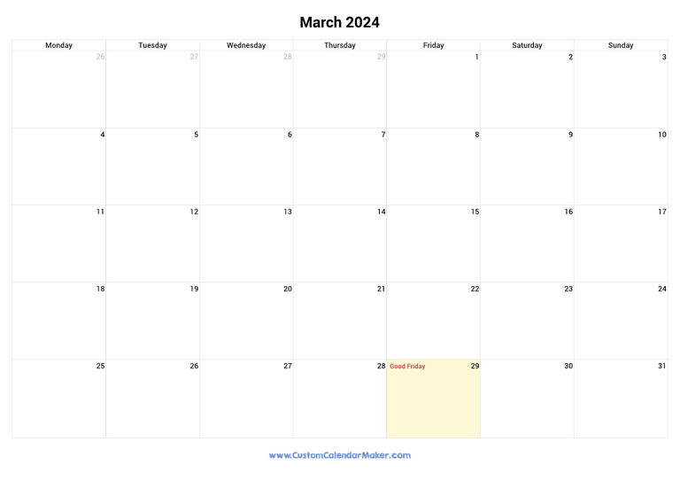 March calendar 2024 with UK Bank Holidays