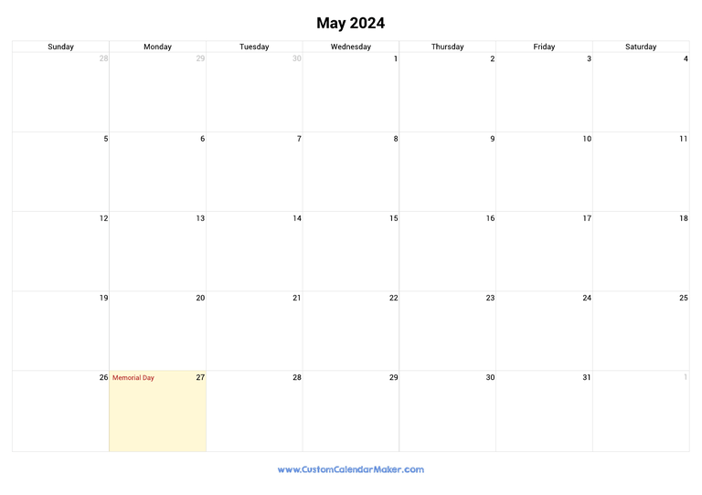 May calendar 2024 with US Federal Holidays