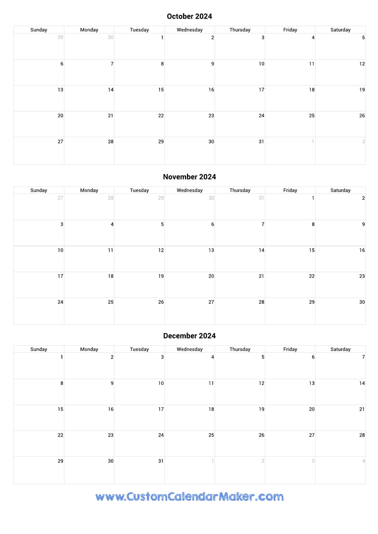 October to December 2024 Calendar