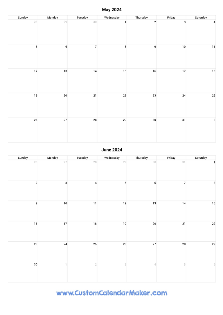 May and June 2024 Printable Calendar Template